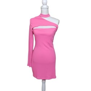 Fashion Nova Hot Pink Ribbed One Shoulder Long Sleeve Bodycon Fitted Dress